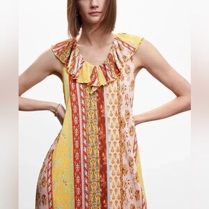 MNG Mango Boho Patchwork Maxi Dress Size 8 Ruffle Neck Sleeveless Flowy Festival